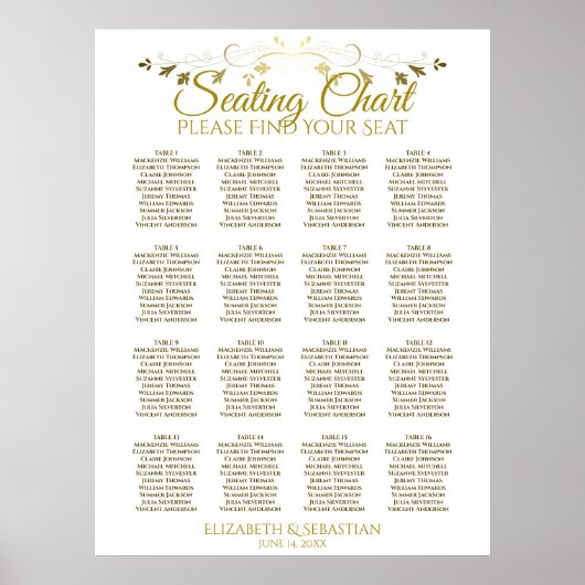 Elegant Gold Simple 16 Table Wedding Seating Chart Poster (Voorkant)
