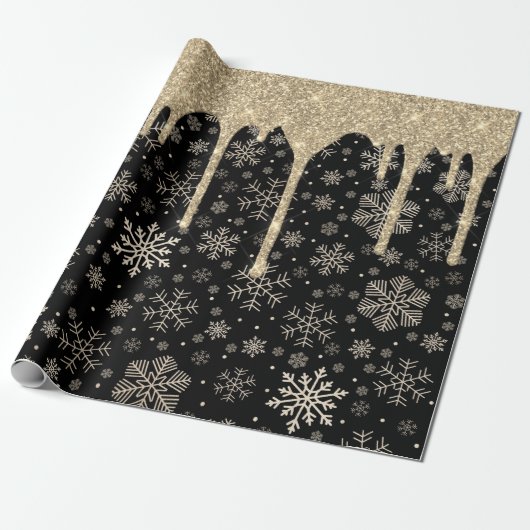 Elegant Gold Snowflake Pattern Driving Glitter Cadeaupapier (Uitgerold)