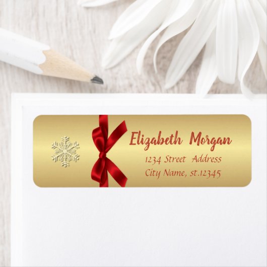 Elegant Gold Snowflake, Red Bow Etiket (Insitu)
