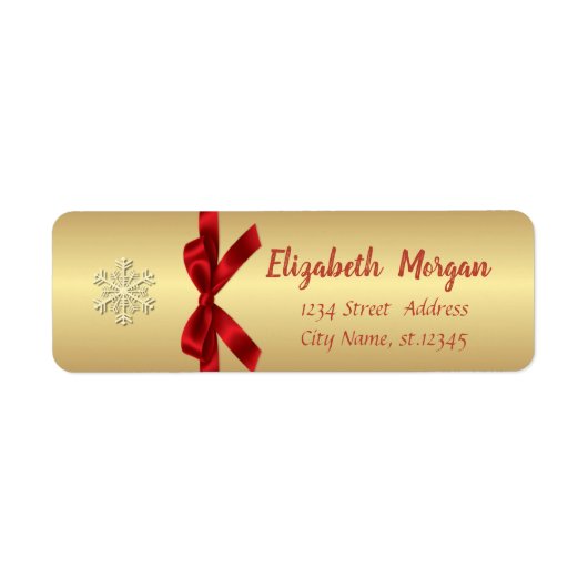 Elegant Gold Snowflake, Red Bow Etiket (Voorkant)