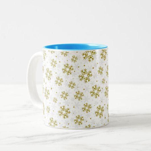 Elegant Gold Snowflake Winter Pattern Tweekleurige Koffiemok (Voorkant links)