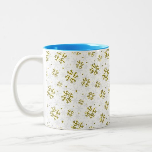Elegant Gold Snowflake Winter Pattern Tweekleurige Koffiemok (Links)