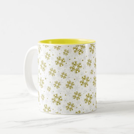 Elegant Gold Snowflake Winter Pattern Tweekleurige Koffiemok (Voorkant links)