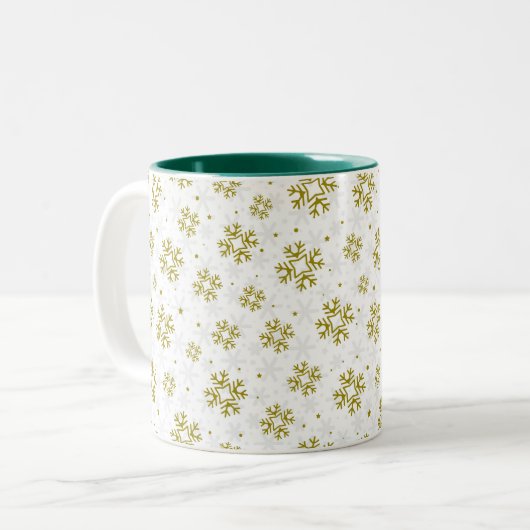 Elegant Gold Snowflake Winter Pattern Tweekleurige Koffiemok (Voorkant links)