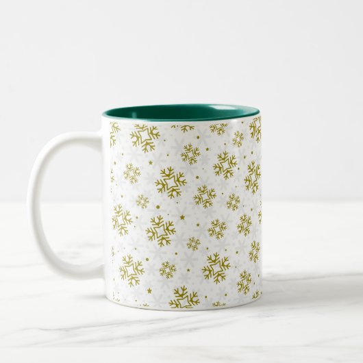 Elegant Gold Snowflake Winter Pattern Tweekleurige Koffiemok (Links)