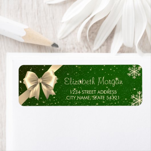 Elegant Gold Snowflakes, Bow Green Kerstlabel Etiket (Insitu)