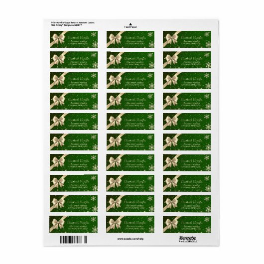 Elegant Gold Snowflakes, Bow Green Kerstlabel Etiket (Full Sheet)