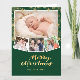 Elegant Gold Snowflakes Chic Script Moderne Green Feestdagen Kaart