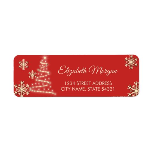Elegant Gold Snowflakes, kerstboom, rood etiket (Voorkant)