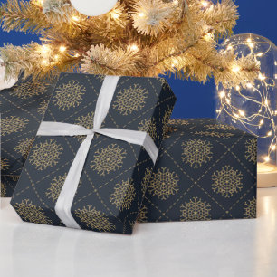 Elegant Gold Snowflakes op blauw kerstfeest Cadeaupapier