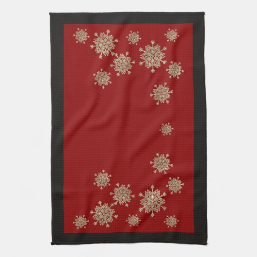 Elegant Gold Snowflakes Red & Black Kerstmis Theedoek (Verticaal)