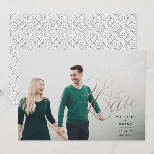 Elegant Gold Sparen de Datum kalligrafiefoto kaart (Voorkant / Achterkant)