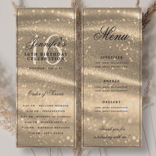 Elegant Gold Sparkle 16th Birthday Program Menu Kaart