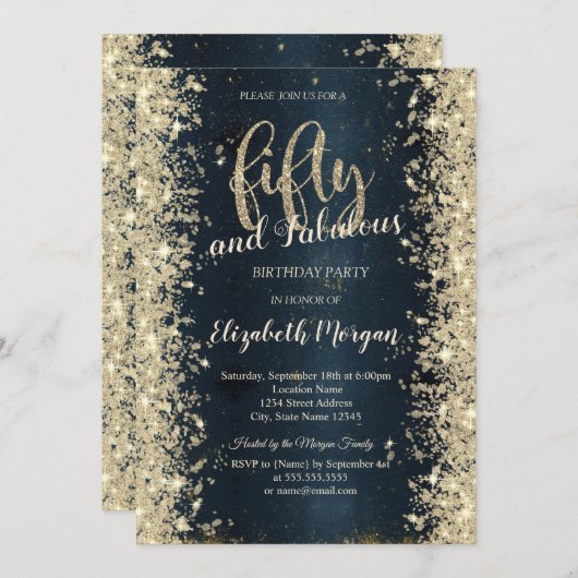 Elegant Gold Sparkle Dark Blue 50th Birthday Kaart (Voorkant / Achterkant)