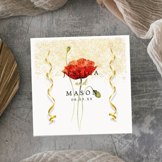 Elegant Gold Sparkles Flower Wedding Cocktail Servet