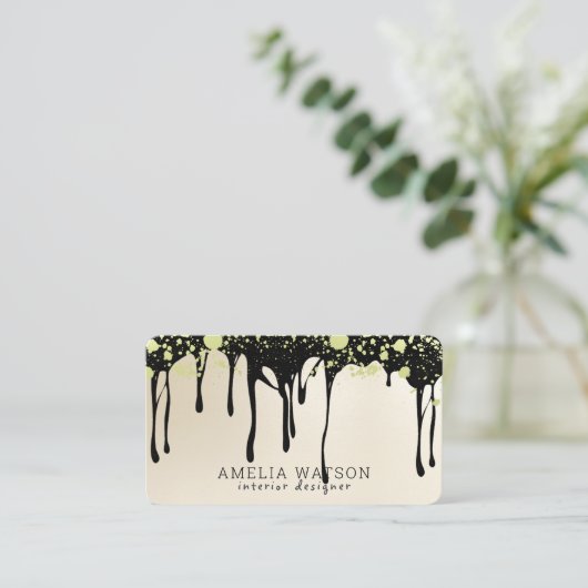 Elegant Gold Splatter en zwarte druppelverf Visitekaartje (Staand voorkant)