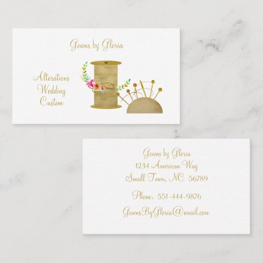 Elegant Gold Spool en Pincushion Seamstress Visitekaartje (Voorkant / Achterkant)