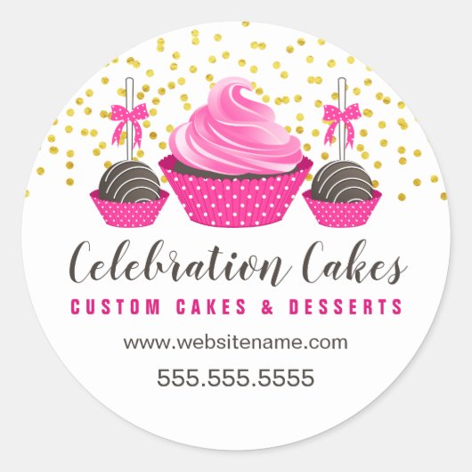Elegant Gold Sprinkles Roze Cupcake Cake Poppen Ronde Sticker (Voorkant)