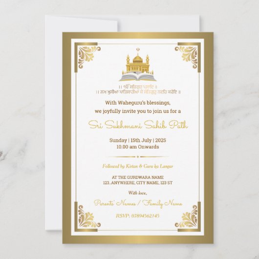 Elegant Gold Sri Sukhmani Sahib Path Invitation Kaart (Voorkant)