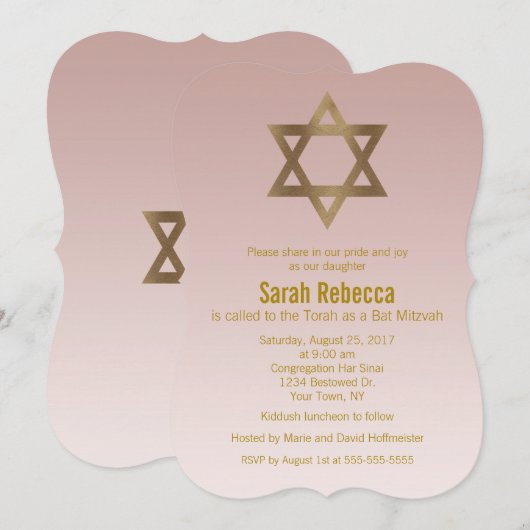 Elegant Gold Star van David Bat Mitzvah Kaart (Voorkant / Achterkant)
