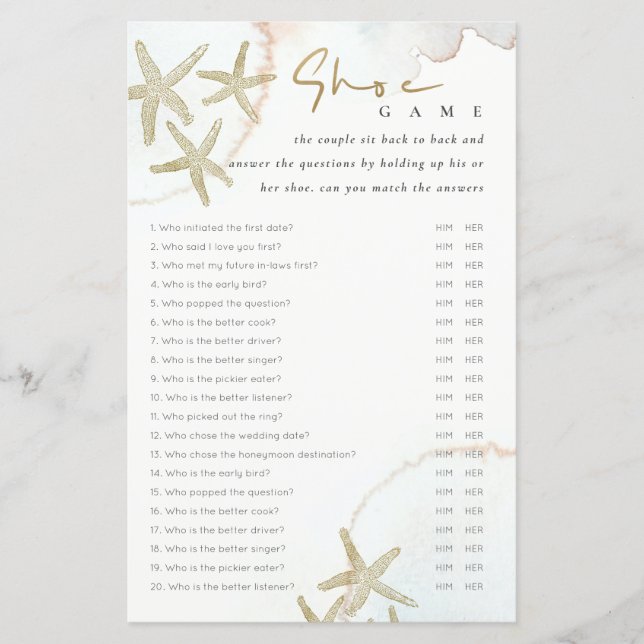Elegant Gold Starfish Shoe Game Bridal Shower Game (Voorkant)