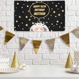 Elegant Gold Stars Cute Cartoon Koe 90e verjaardag Spandoek