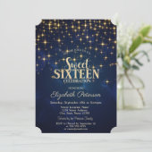 Elegant Gold Stars Navy Blue Sweet 16 Kaart (Staand voorkant)