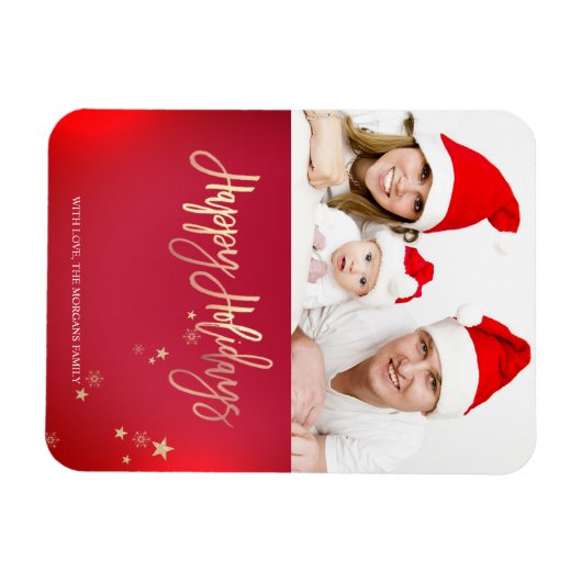 Elegant Gold Stars Red Photo Merry Kerstry Magneet (Horizontaal)