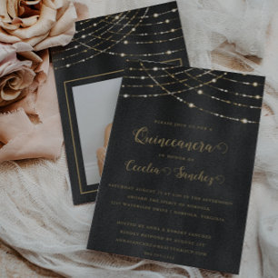 Elegant Gold String Lights Foto Quinceanera Kaart