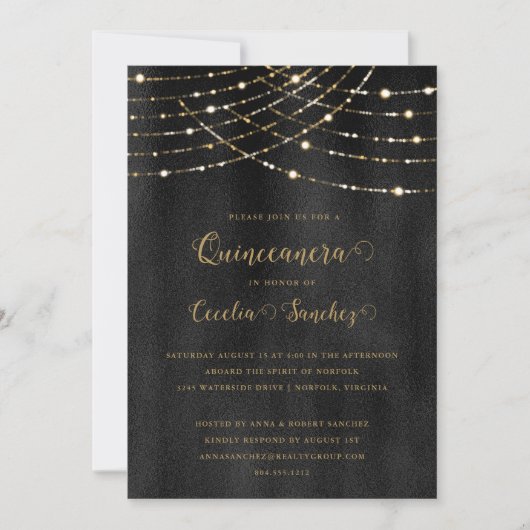 Elegant Gold String Lights Foto Quinceanera Kaart (Voorkant)