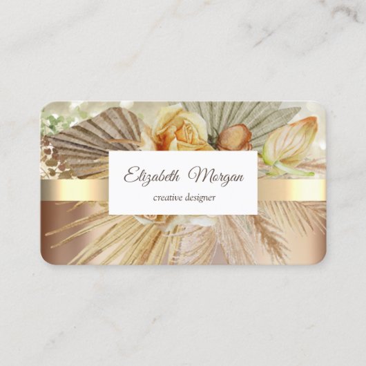 Elegant Gold Stripe Boho Flowers Visitekaartje (Voorkant)