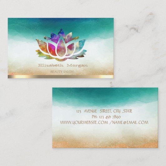 Elegant Gold Stripe Colorful Lotus Waterverf Visitekaartje (Voorkant / Achterkant)