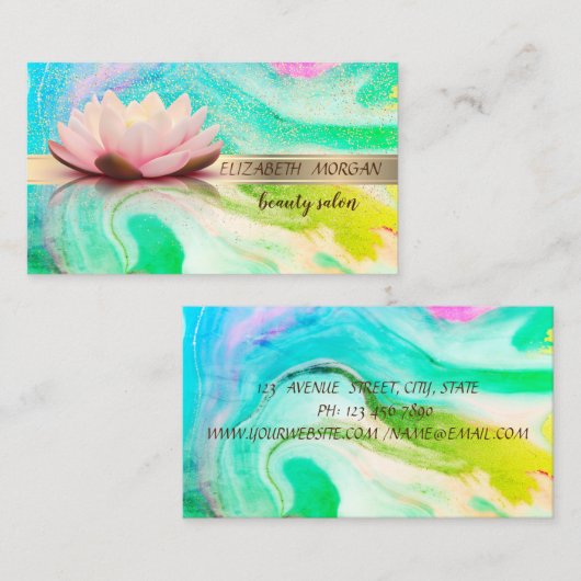 Elegant Gold Stripe Confetti, Lotus, Green Marble Visitekaartje (Voorkant / Achterkant)