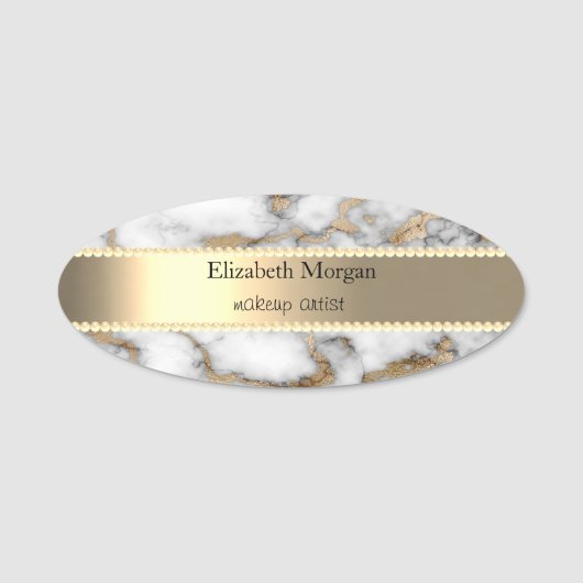 Elegant Gold Stripe, parels, witte goudmarmer Naamplaatje (Voorkant)