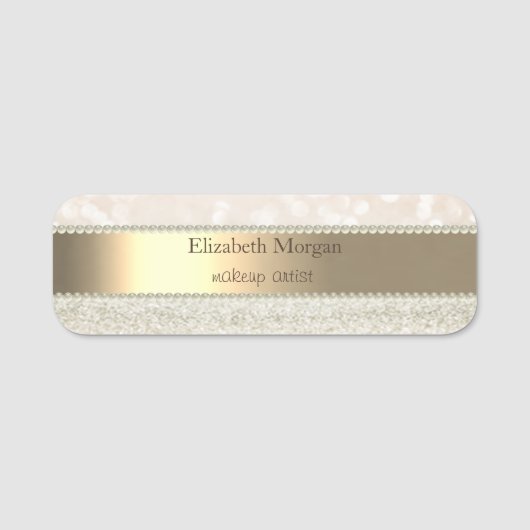 Elegant Gold Stripe, Pearls, Glitter Bokeh Naamplaatje (Voorkant)
