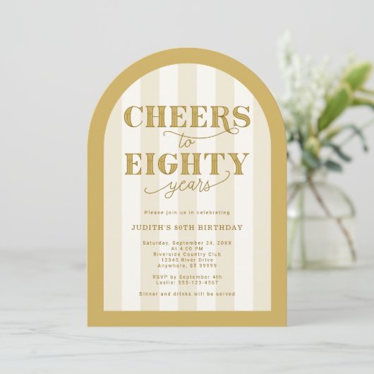 Elegant Gold Striped Cheers to 80 Years Birthday Kaart (Staand voorkant)