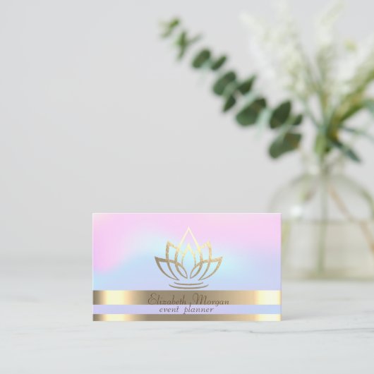 Elegant Gold Stripes Holographic Gold Lotus Visitekaartje (Staand voorkant)
