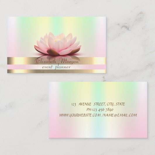 Elegant Gold Stripes Holographic Iridescent Lotus Visitekaartje (Voorkant / Achterkant)
