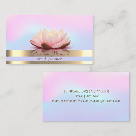 Elegant Gold Stripes Holographic Lotus Visitekaartje (Voorkant / Achterkant)