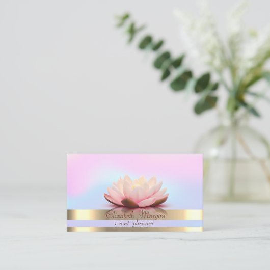 Elegant Gold Stripes Holographic Lotus Visitekaartje (Staand voorkant)