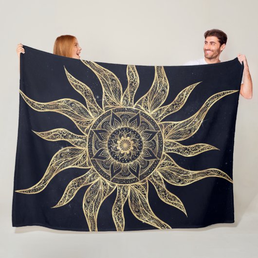 Elegant Gold Sun Mandala Blue Nebula Design Fleece Deken (In situ)