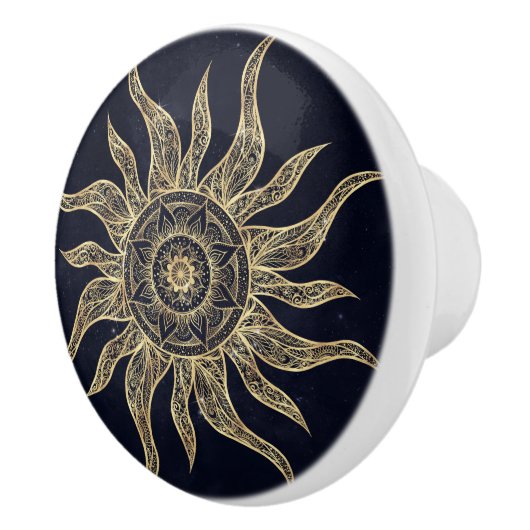 Elegant Gold Sun Mandala Blue Nebula Design Keramische Knop (Rechts)