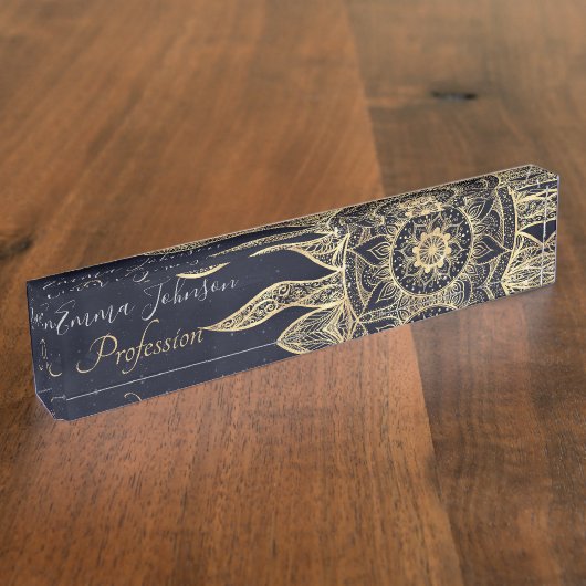 Elegant Gold Sun Mandala Blue Nebula Design Naambordje (Zijkant)