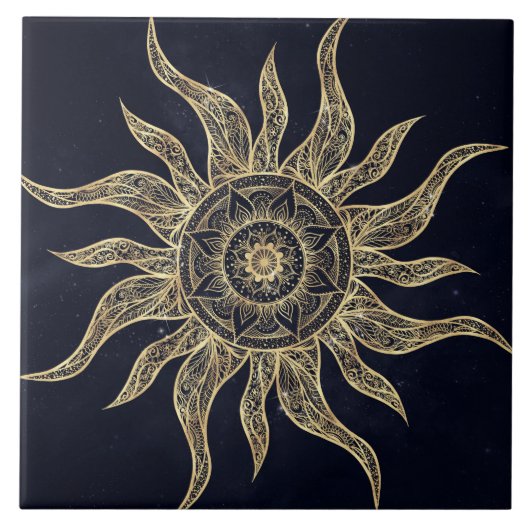Elegant Gold Sun Mandala Blue Nebula Design Tegeltje (Voorkant)