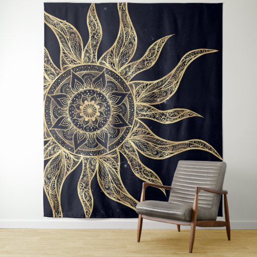Elegant Gold Sun Mandala Blue Nebula Design Wandkleed (In situ)