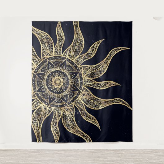 Elegant Gold Sun Mandala Blue Nebula Design Wandkleed (Voorkant)