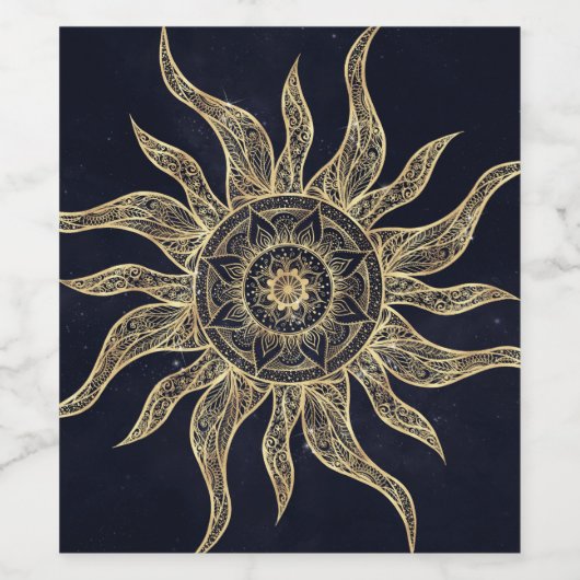 Elegant Gold Sun Mandala Blue Nebula Design Wijn Etiket (Enkel label)
