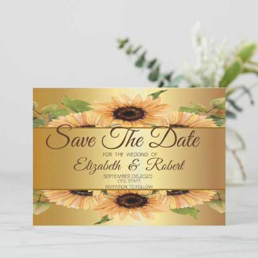 Elegant Gold Sunflower Save the Date (Staand voorkant)