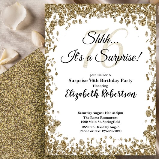 Elegant Gold Surprise 76th Birthday Invitation Kaart