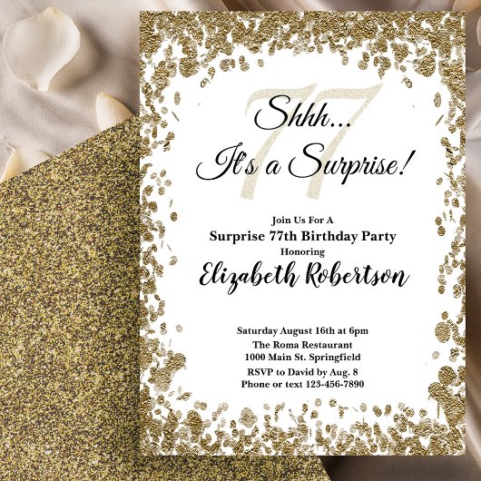 Elegant Gold Surprise 77th Birthday Invitation Kaart